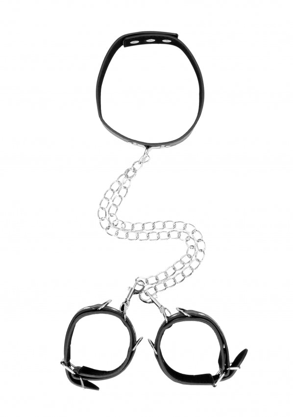 Bonded Leather Collar With Handcuffs - With Adjustable Straps and chain