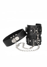 Bonded Leather Collar With Handcuffs - With Adjustable Straps and chain