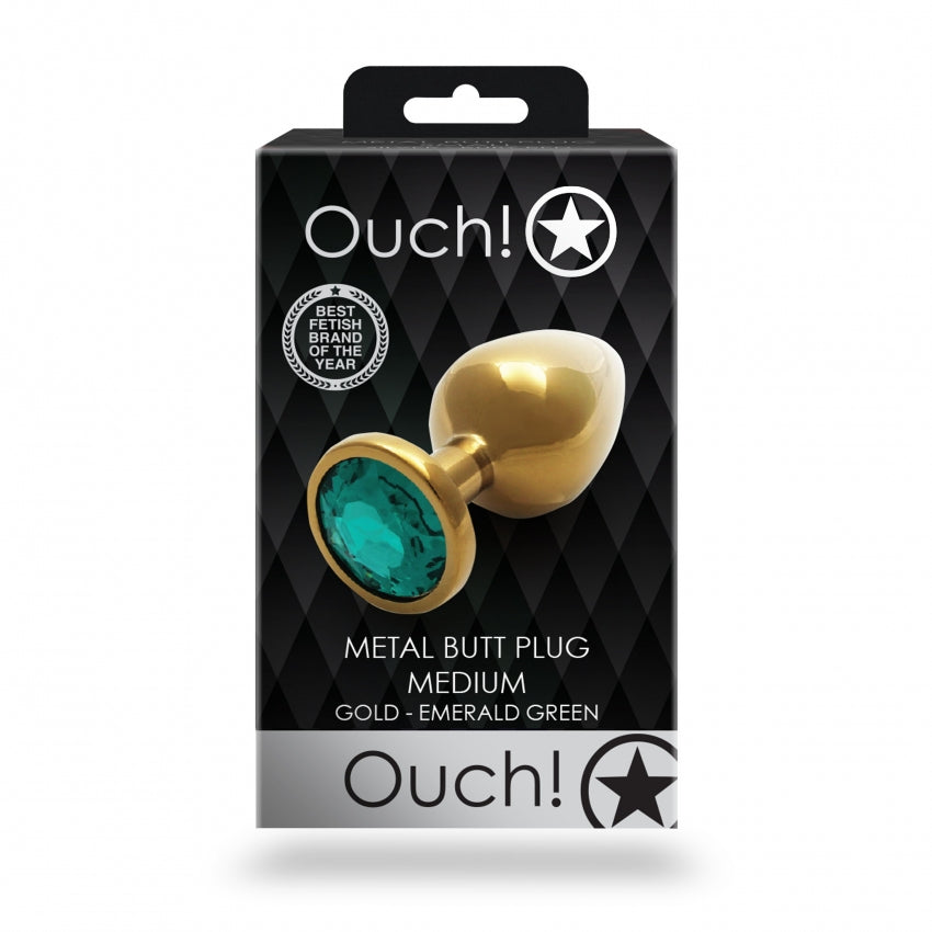 Round Gem Butt Plug - Medium - Gold / Emerald Green