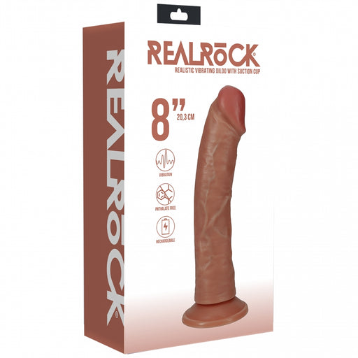 RealRock Ultra Realistic Skin - Vibrating Rechargeable - Regular Curved without Balls 8" / 20,3 cm - Tan