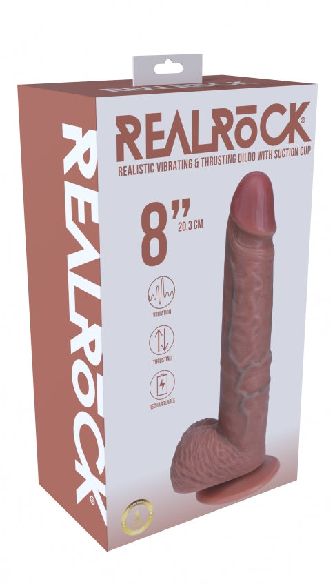 RealRock Ultra Realistic Skin - Vibrating & Thrusting Rechargeable - Regular Straight with Balls  8" / 20,3 cm  - Tan