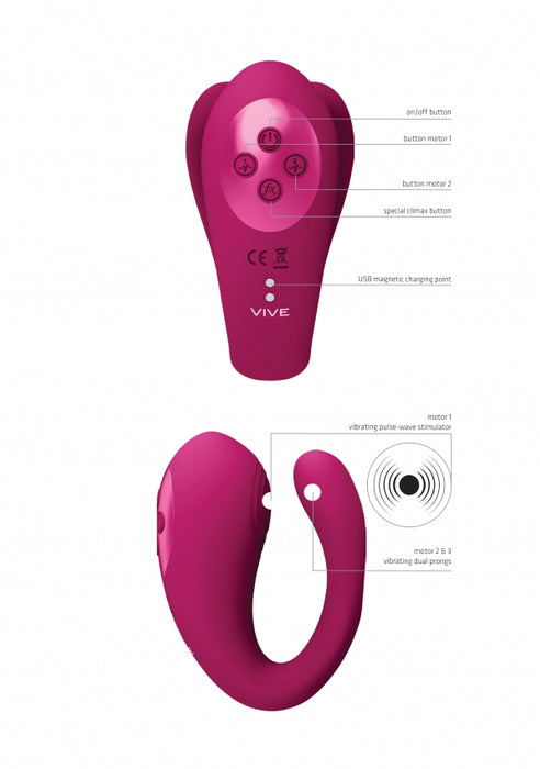 Yoko - Triple Action Vibrator Dual Prongs with Clitoral Pulse Wave - Pink