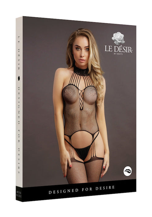 Suspender Fishnet Choker Bodystocking - Black