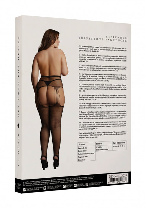 Suspender Rhinestone Pantyhose - Black - OSX