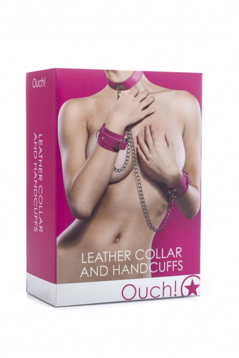 Leather Collar and Handcuffs - Pink