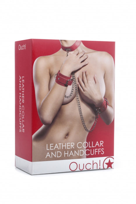 Leather Collar and Handcuffs - Red