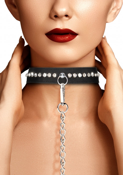 Diamond Studded Collar W/ Leash - Black