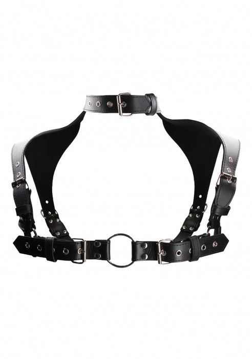 Men Harness with Neck Collar- Leather - Black